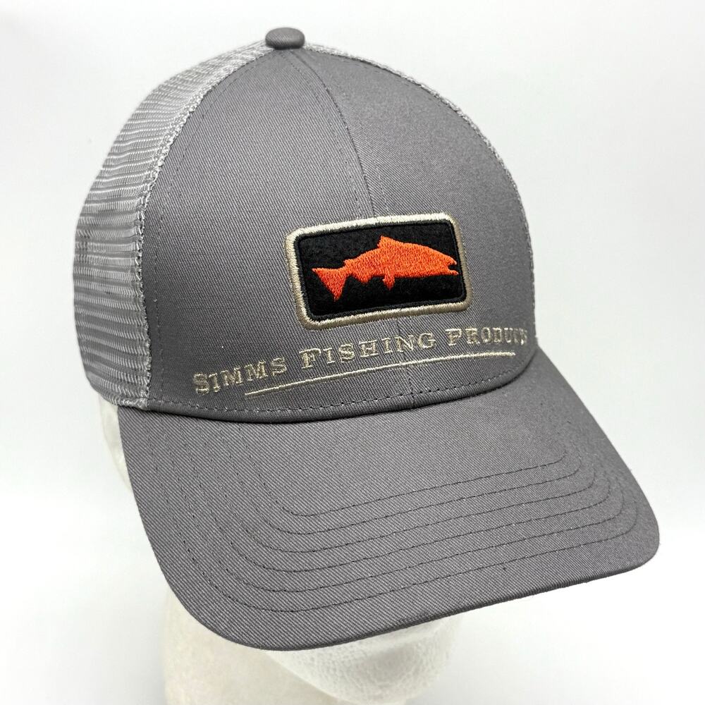 Simms Fishing Trucker Hat Embroidered Mesh Back Baseball Cap Snapback Gray White